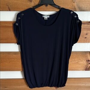 Lush Navy Button-Accent Blouse Size XL Elastic Bottom Pull-Over Round Neck